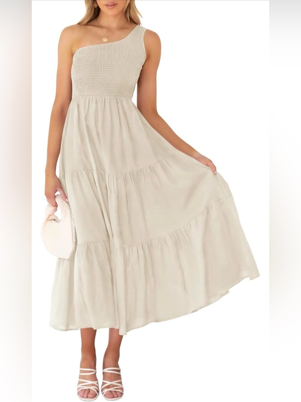 ZCSIA One Shoulder Tiered Maxi Dress Cream Smocked Boho Cottagecore Size M NWT